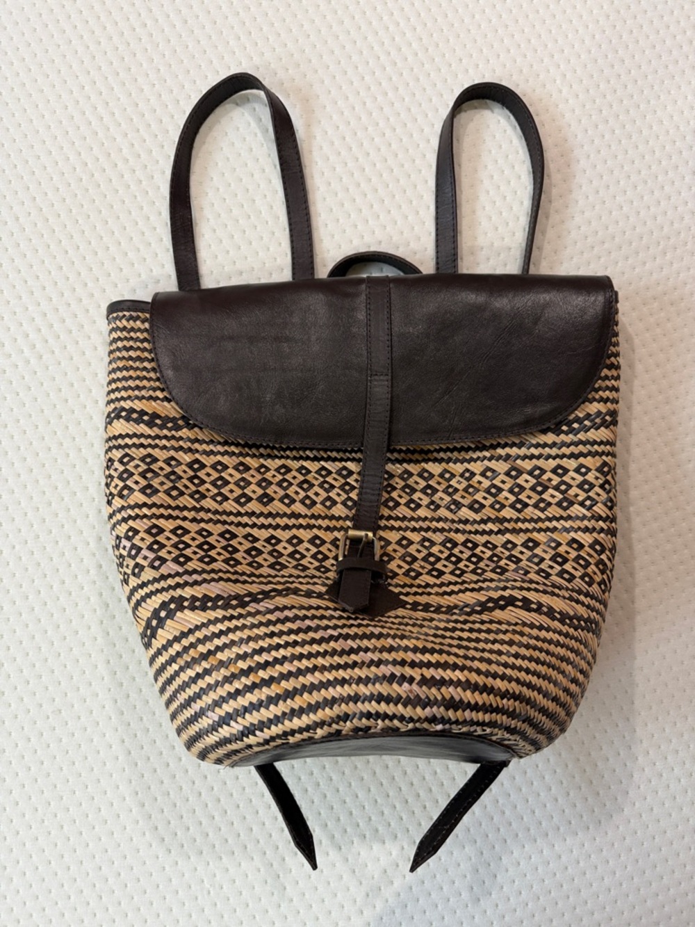 The Winding Road Handwoven Rattan Backpack with Dark Brown Leather Trim